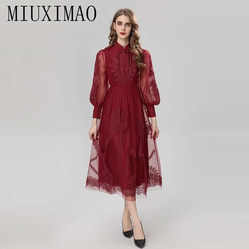 

MIUXIMAO 2023 High Quality Spring&Summer Elegant Dress Long Sleeve Stand Gauze Embroidered Fashion Long Dress Women Vestide