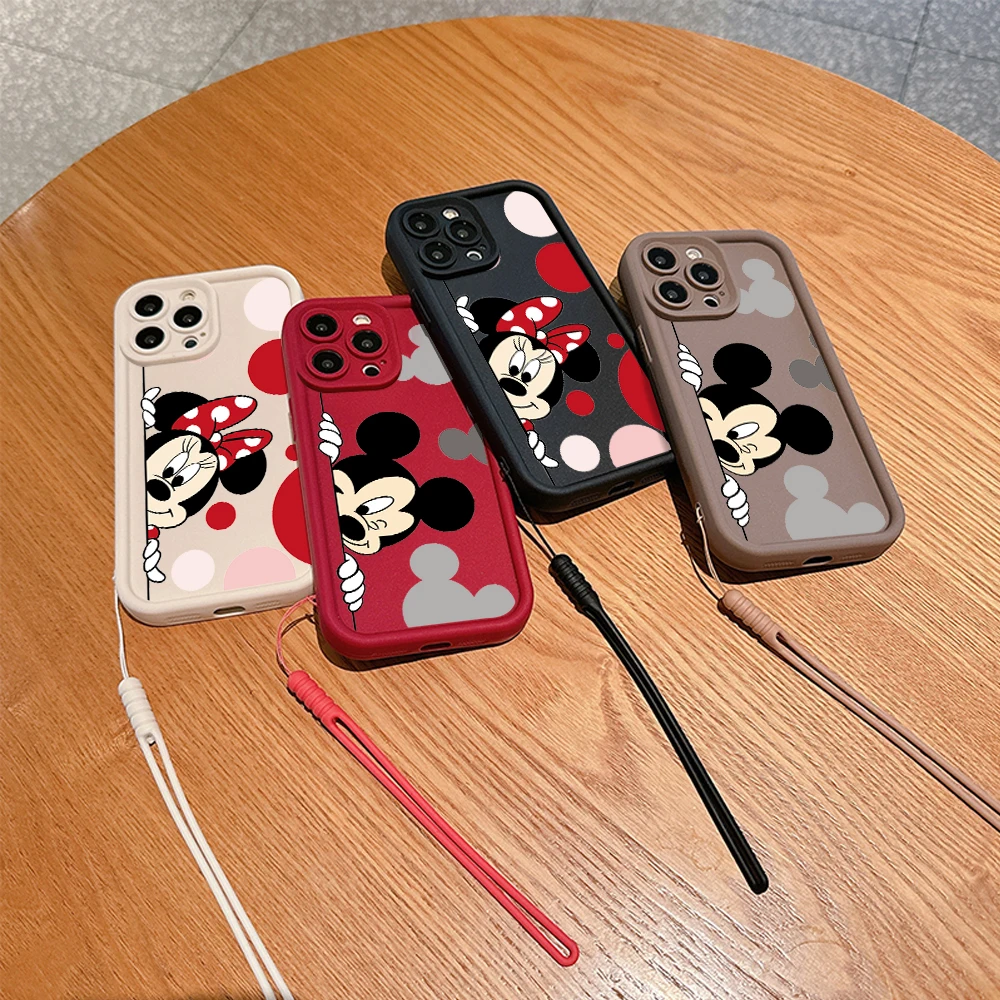 Fashion Disney Mickey Minnie Mouse Phone Case for IPhone 16 15 14 13 12 11 Pro Max Mini Plus Soft TPU Back Cover With Hand Strap