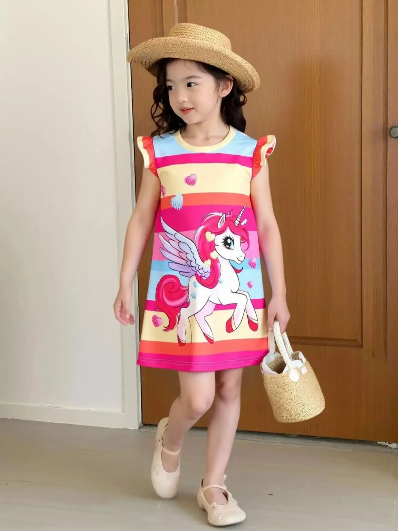 Sommerkleid für Mädchen, lässiger Stil, mit Cartoon-Tiermotiv, bunte Streifen, Rundhalsausschnitt, ausgestellte Ärmel, gerades Kleid. – Detail 1
