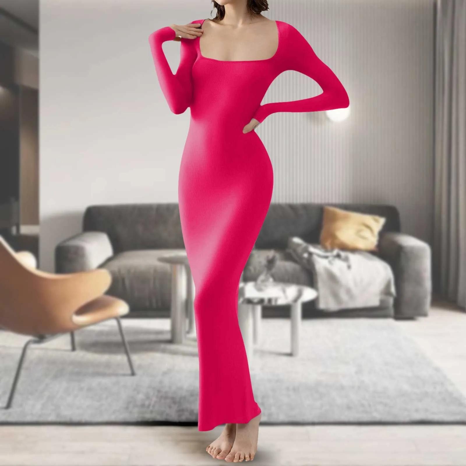 

Women Long Dresses With Long Sleeve Knitted Ribbed Square Neck Dress Spring Autumn Prom Party Club Skinny Bodycon Dress Vestidos