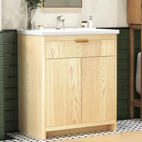 31 Inch Bathroom Vanity with Ceramic Sink, Modern Wood Grain Sink Cabinet with Storage Doors, Freestanding Bathroom Vanity Cabinet Set for Home Hotel