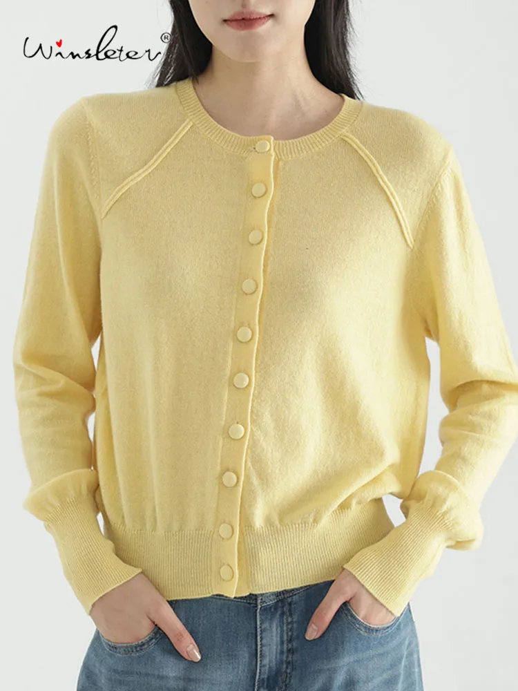 

Winsleter-48.7%Sheep Wool 5.3%Cashmere Elegant Sweater, Women O Neck Solid, Basic Chic Knit Slim Cardigan, 2025 Autumn T58337CC