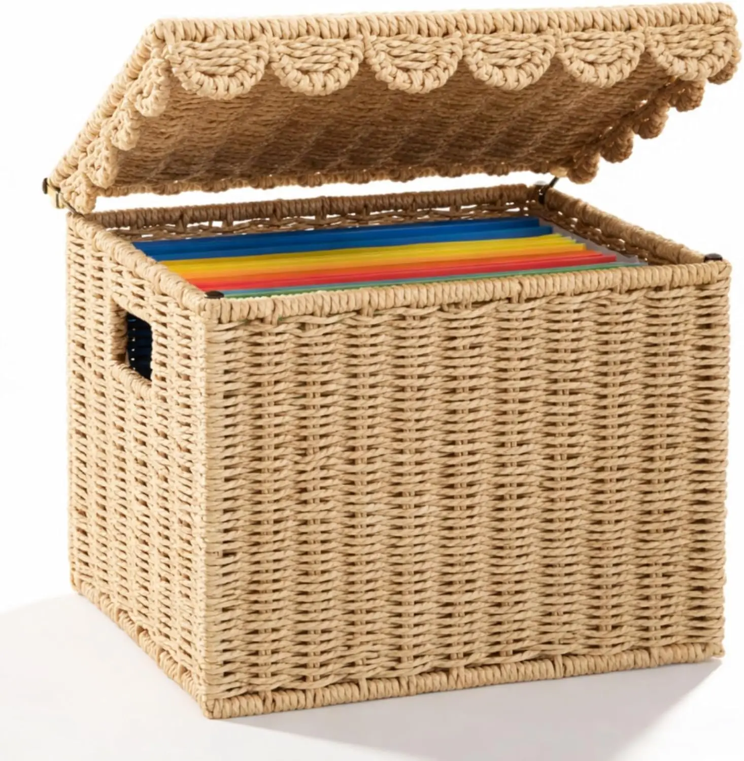 

Paper Rope File Storage Box with Scalloped Lid Collapsible Letter Size Hanging Filing Organizer Basket for Home Office, Woven