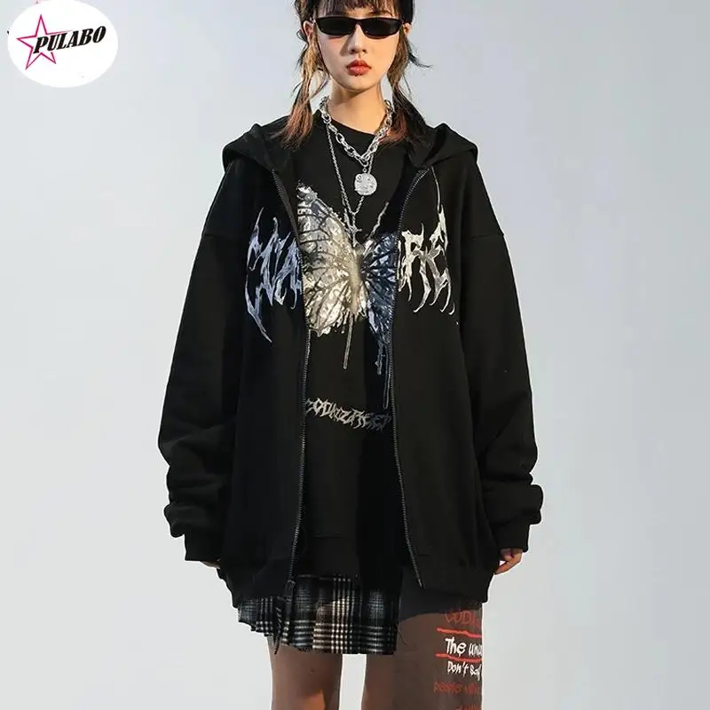 PULABO Women Hip Hop Streetwear Hoodies Women Jacket butterfly Print Coat Goth Harajuku Y2k aesthetic Clothes grunge Punk Jacket