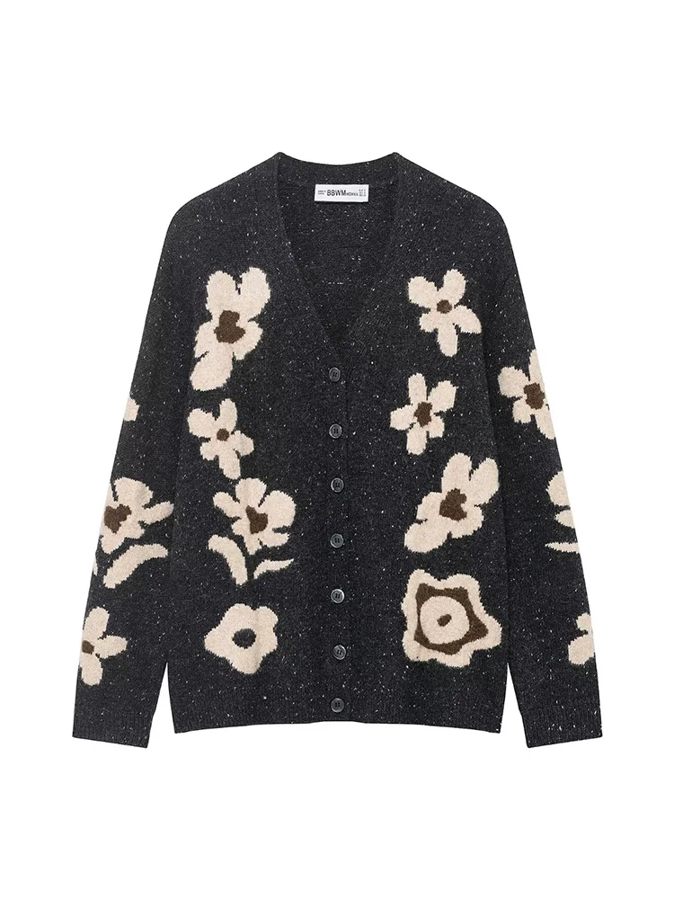 

HH Women Autumn Fashion Long Sleeve V-Neck Knitted Jacket Women High Street Loose Flower Printing Single-breasted Sweater