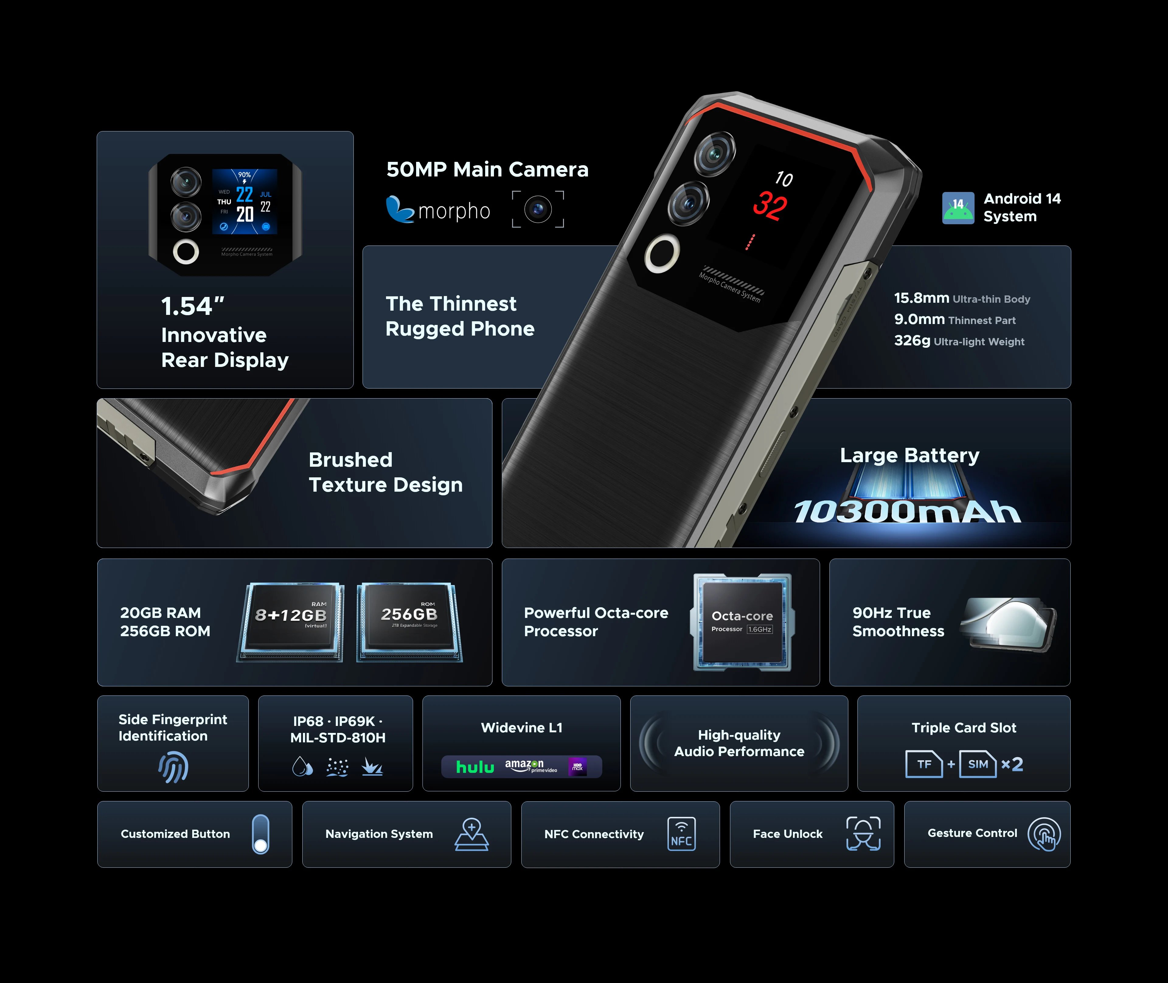 Doogee blade10 max telefone robusto 6.56 "90hz display ips 8gb 256gb 1.54" display traseiro 50mp ai câmera principal 10300mah 18w carga