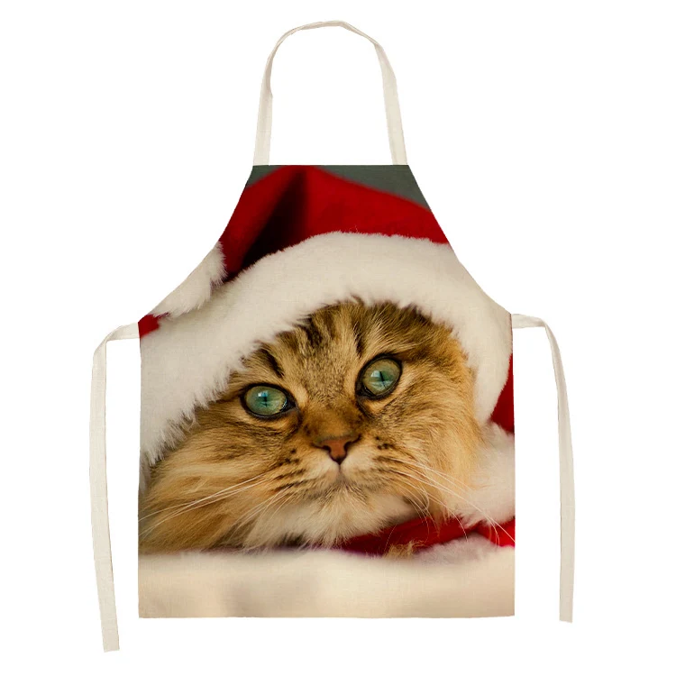 Christmas Cute Santa Hat Cat Dog Pattern Linen Stain Resistant Sleeveless Apron Baking Accessories Kitchen Cooking