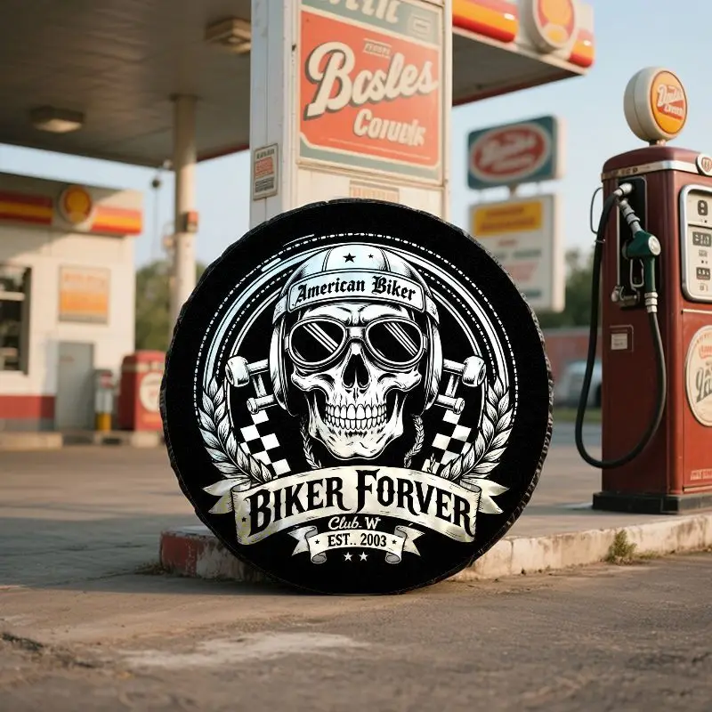 American Motorcycle Skull Spare Tire Cover, Trendy BIKER FORVER Pattern, Polyester Fiber Car Tire Cover, Dustproof, Sunproof, We