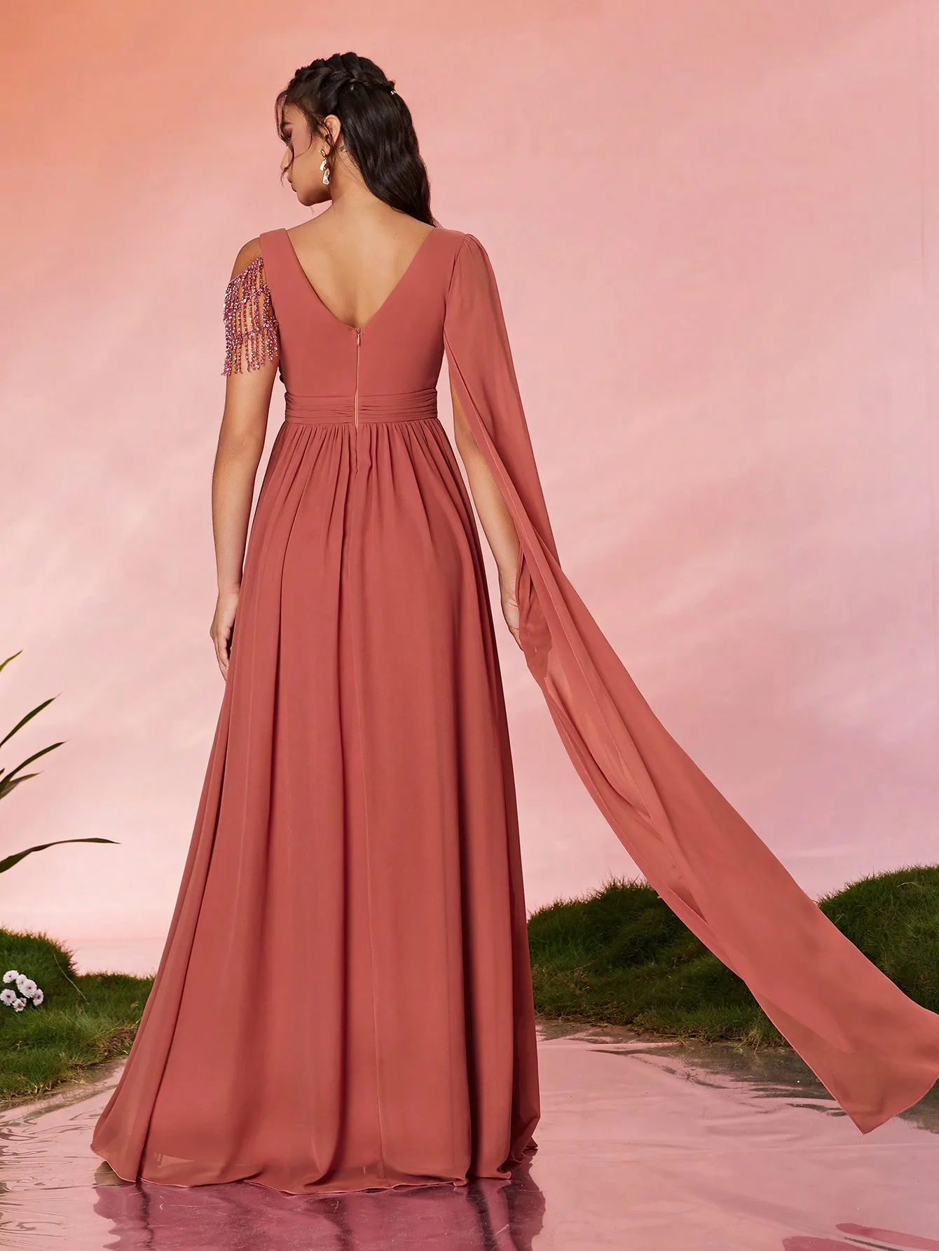 Mgiacy irregularly shaped asymmetric shoulder collar pearl chiffon one-shoulder flowing fabric beaded lace high-end evening gown