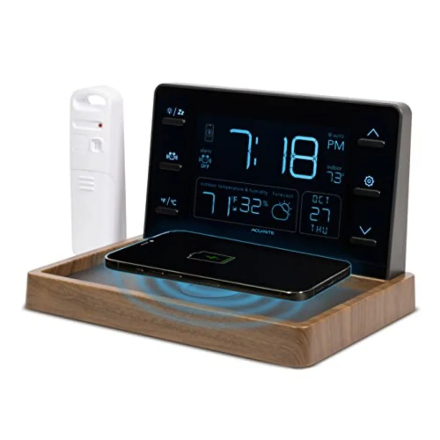 

Weather Valet with Qi-Certified Wireless Charging Pad Auto-Dimming LCD Screen Alarm Clock Hyperlocal Forecast Outdoor Temperatu