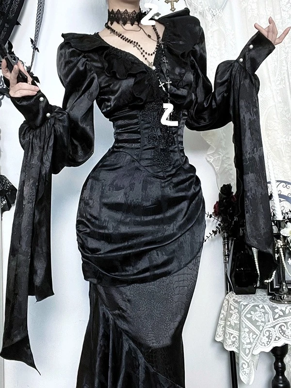 Halloween Subculture Sexy Long Sleeve V-Neck Fashion Shirt Spring Autumn High Waist Age Reduction Gothic Cos Fishtail Skirt