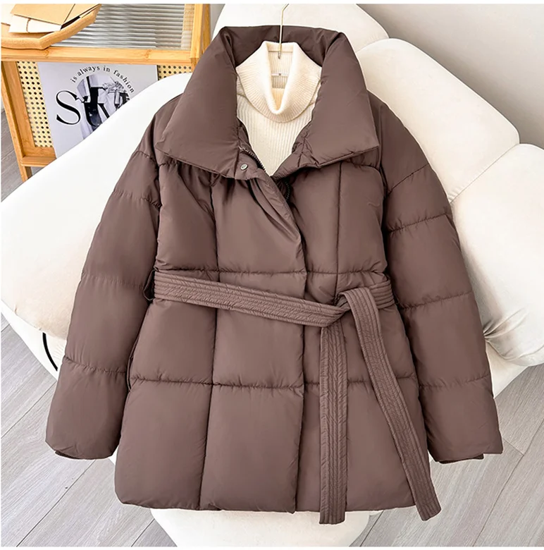 Advanced with Waist Cinching Tie Up Black Cotton Jacket Women's 2026 Winter New Korean Version Stand Collar Coat Female Parkas