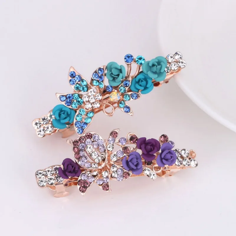 Small Rose Flower Rhinestone Butterfly Hairpin Headgear Ladies Spring Clip Top Clip Horizontal Clip