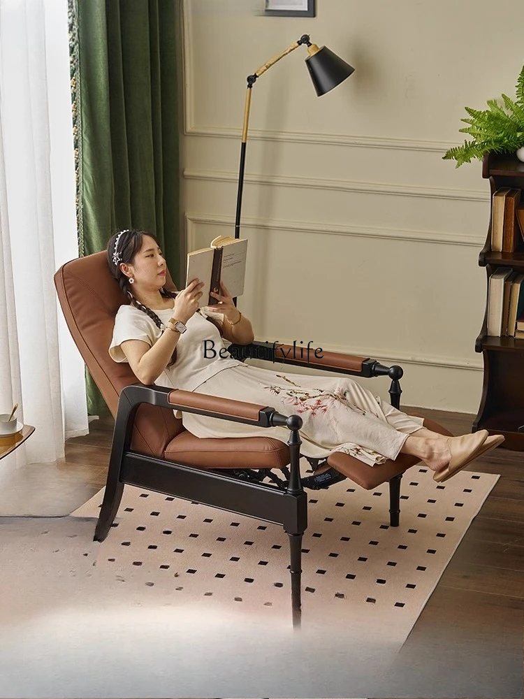 

Solid wood office chair multi-functional first layer cowhide recliner folding lunch break retro