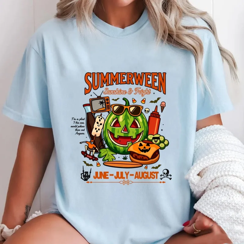 Summerween Watermelon Pumpkin T-Shirt Spooky Summer Graphic Tee Men Women Summer Cotton Short Sleeve Tees Clothing