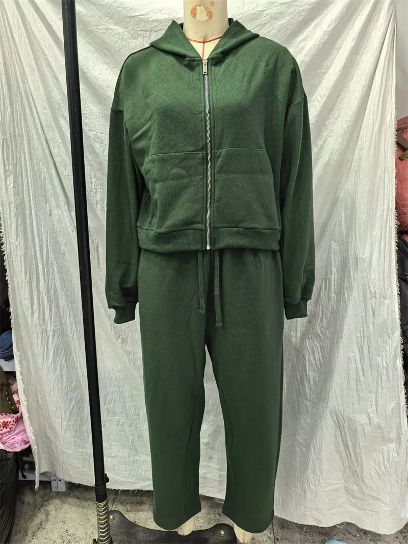 Guobioziy 2026 Fall New Style Women's Set Green Long-Sleeve Hoodie Loose Simple Jacket Sweatshirt and Pants Set Casual Sports
