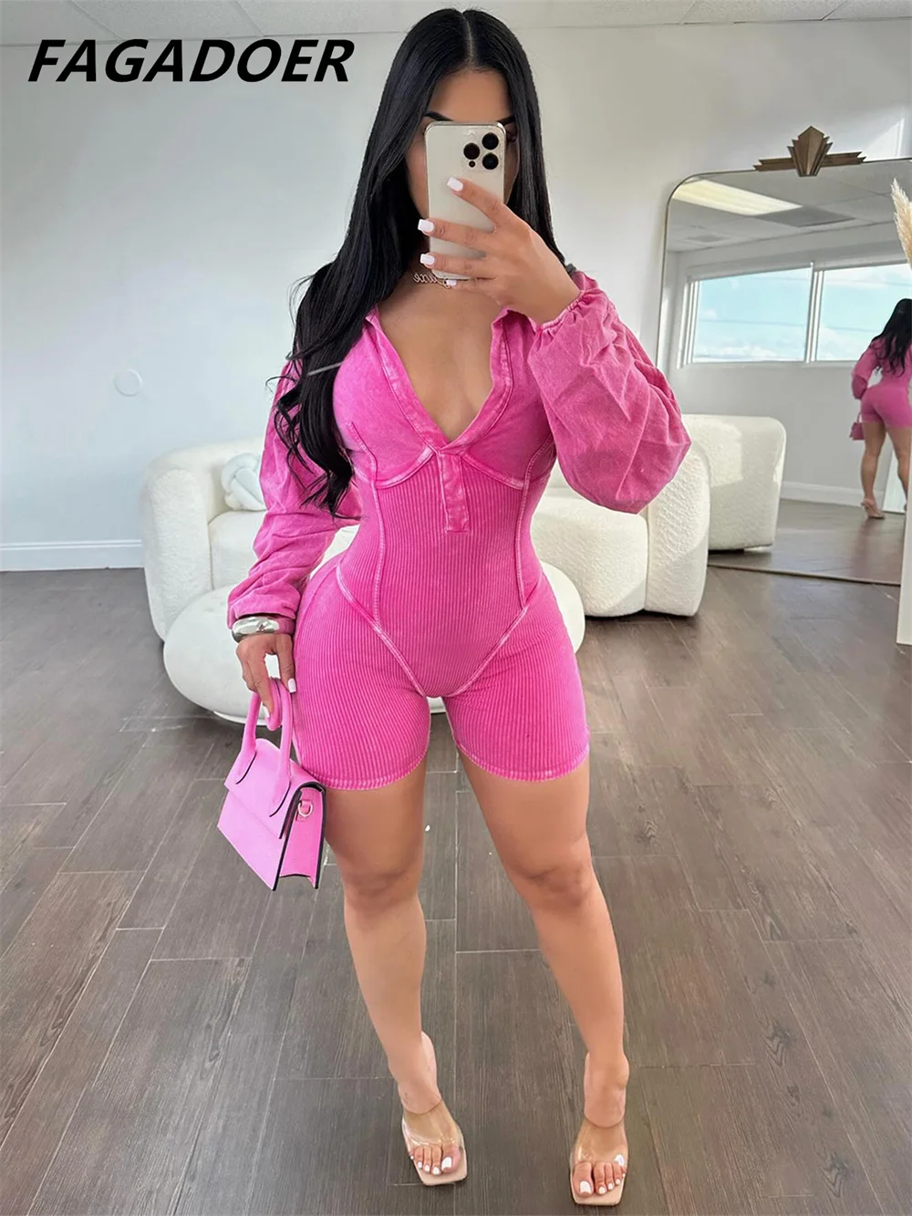 FAGADOER Fashion Solid Color Ribber Splicing Bodycon Rompers Women V Neck Zipper Long Sleeve Slim Jumpsuits Female Overalls 2024