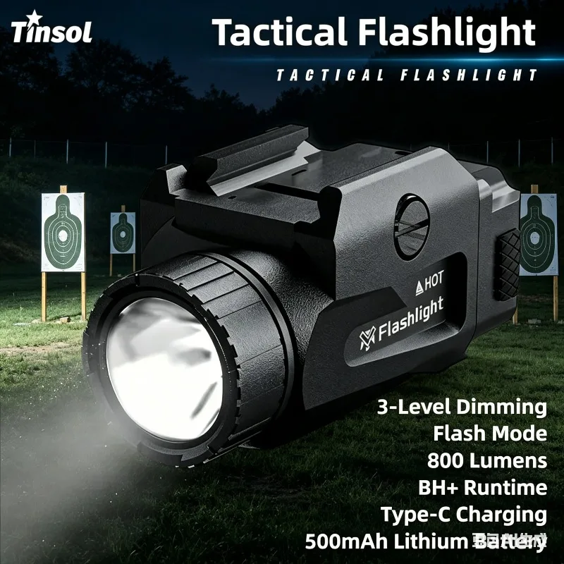 

High Bright TINSOL 800LM Handgun Flashlight 4 Gears USB Charging Fast Lock Hunting Lamp Fit 20mm Picatinny Rail Bracket