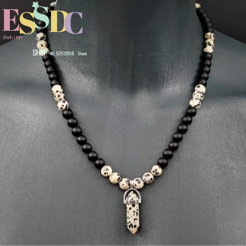 Enhance aura exquisite fashion beaded necklace holiday party gift simple beaded black onyx mixed dalmati pendant necklace