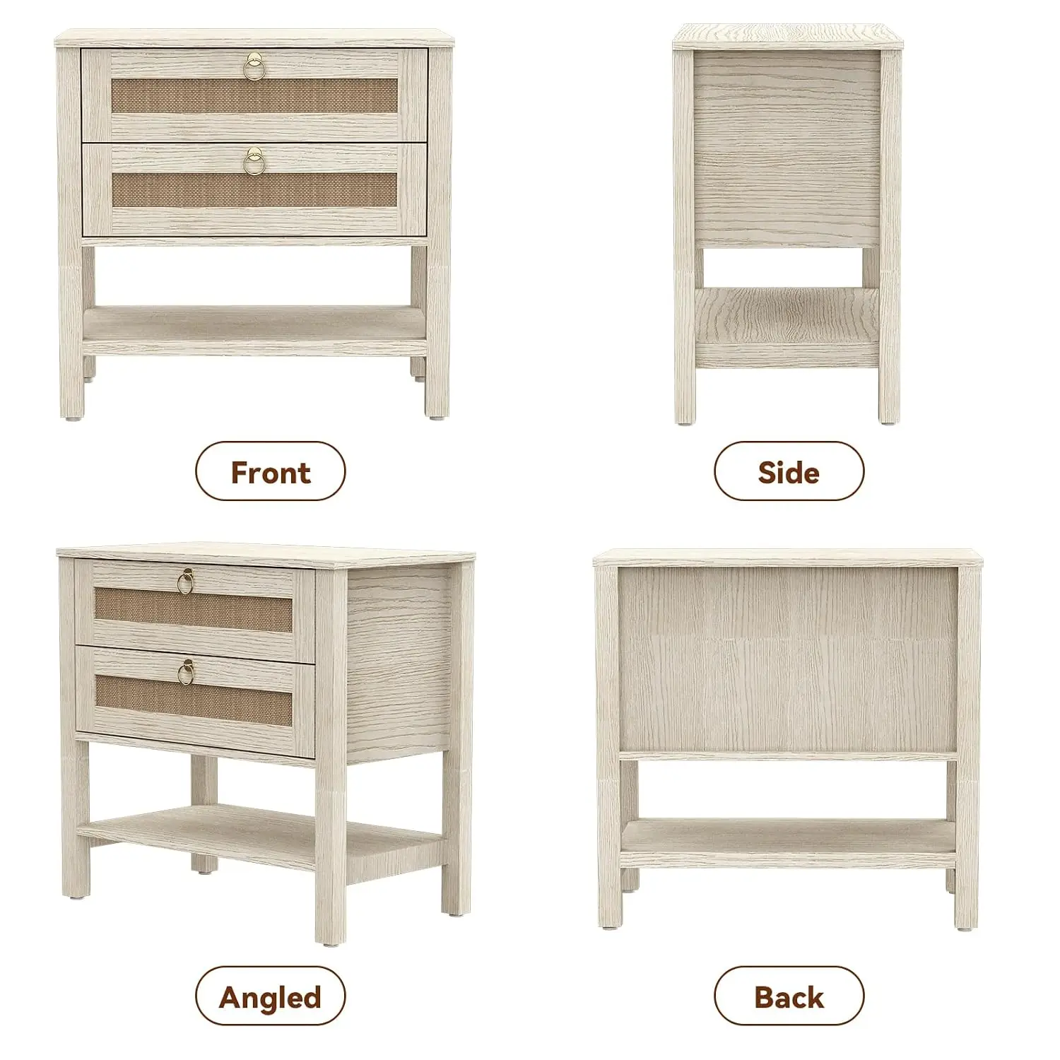 Rattan Nightstand Set of 2, Boho Bedside Table with Drawers & Shelf, Narrow Side Table for Bedroom Living Room, Customized