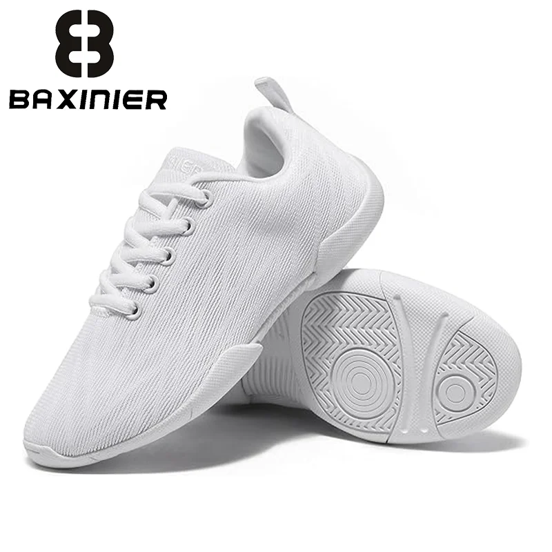 BAXINIER Women Cheer Shoes White Cheerleading Sneakers Lightweight Breathable Mesh Upper Soft Cushioned Insole Non Slip Rubber Sole Lace Up Flexible Training Practice Competition Indoor Outdoor Girls Athletic Dance Comfortable Fit Heel Support Agility