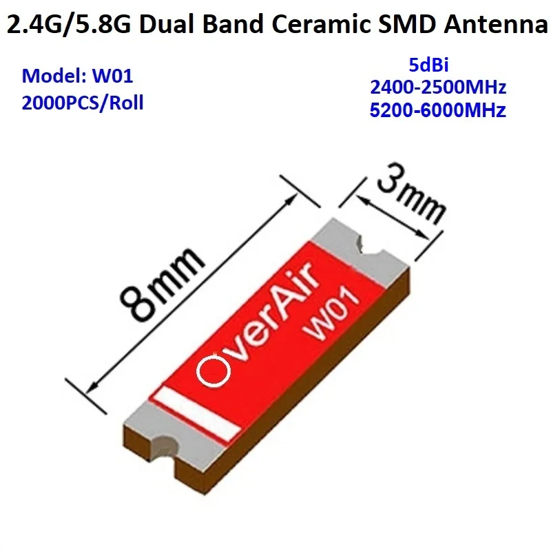 Overair W01 2.4GHz 5.8GHz Dual Band Antenna Ceramic SMD Antenna Patch Antenna Built-in Mini Antenna