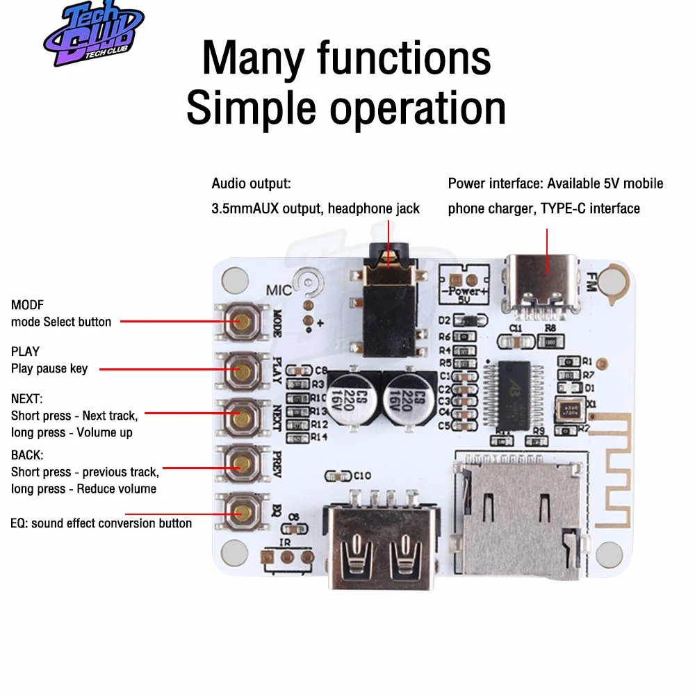 

V5.0 V4.2 Bluetooth-Compatible Audio Receiver Board USB Tf Card Slot Playback Preamp Output 5v Wireless Stereo Music Module