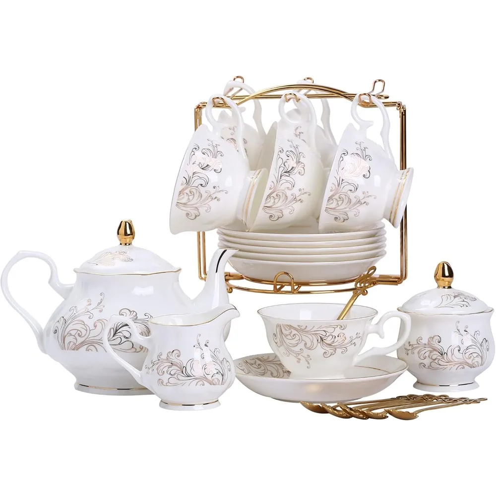 

22-Pieces Porcelain Tea Set,Cups& Saucer Service for 6, with Spoons,Teapot, Bowl,Pitcher and Rack, Teaware Sets