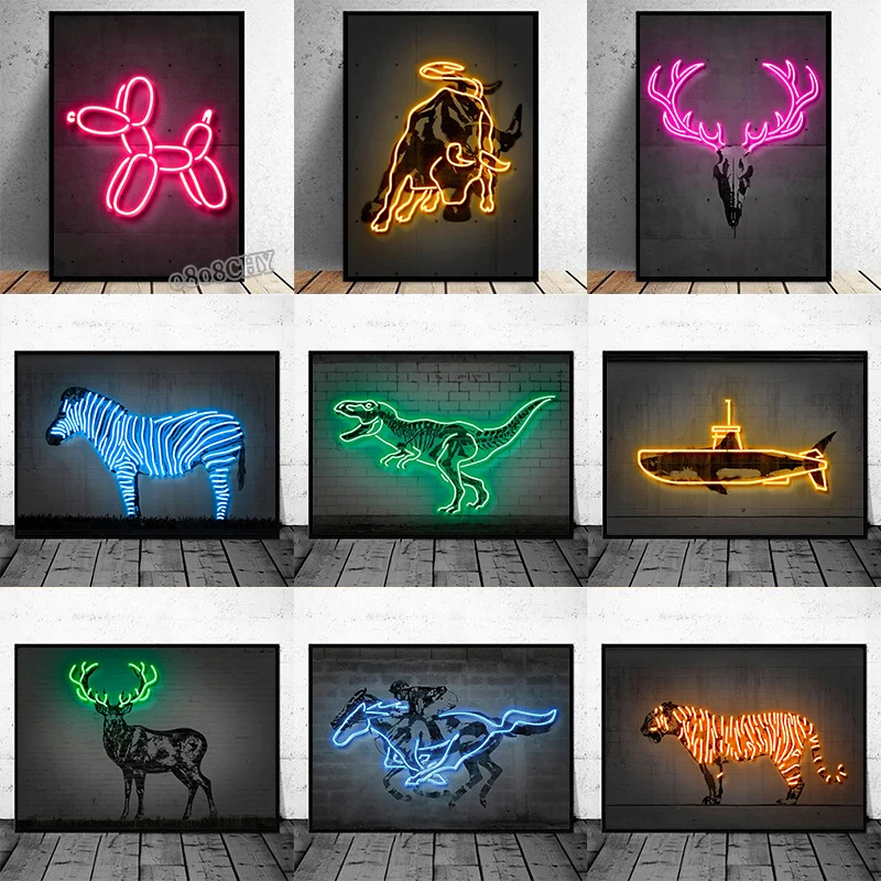 

Neon Art Animals Canvas Prints Paintings Abstract Tiger Zebra Balloon Dog Bull Graffiti Posters Unique Home Bar Wall Art Decor