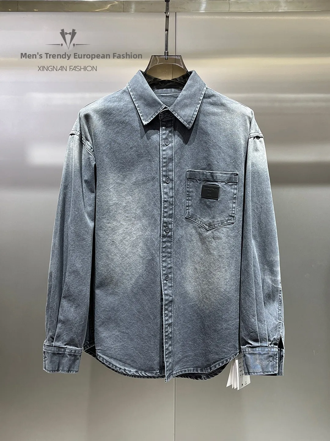 

Spring 2026 Men's Cotton Denim irt Jaet oulder Drop Sle Haome Versatile Thin Outerwear Casual Loose Fit Long Sve