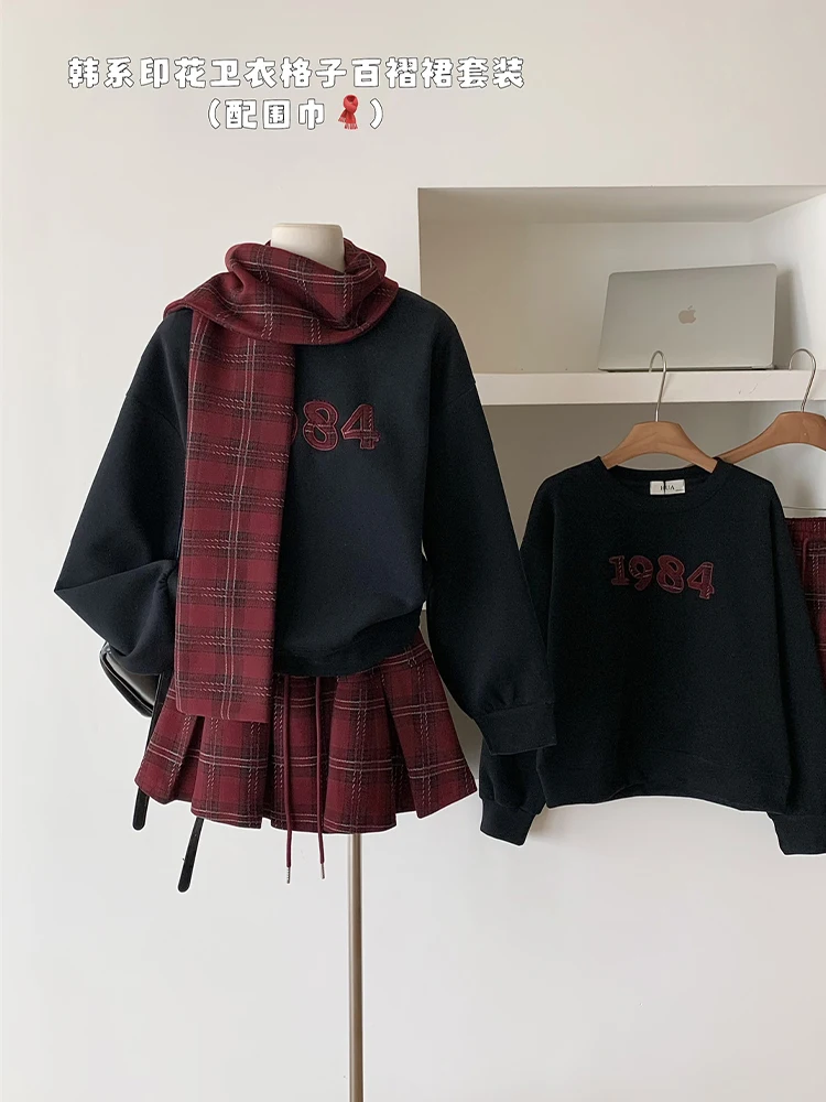 Spring Women American Vintage Shoujo Outfits 2 Piece Set Long Sleeve Sweatshirts With Scaf + Mini Preppy Plaid Pleated Skirts