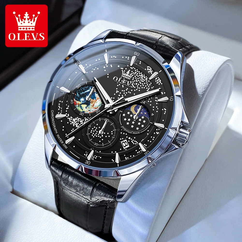 

OLEVS Men's Watches Multifunctional Original Quartz Wristwatch Waterproof Leather Luminous Watch for Man Chronograph Moon Phase