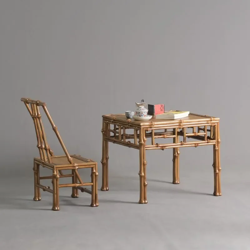 Bamboo Ming-style small square table, handmade original bamboo red bamboo back chair tea table antique small square table set