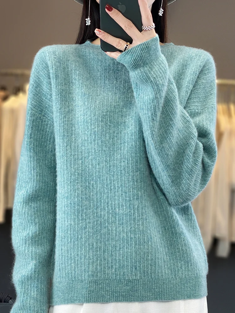 100% Wool Knit Sweater Women\'s O-Neck Loose Long-Sleeved Pullover Solid Color Jacquard Warm Basic Shirt Autumn Winter New Thick