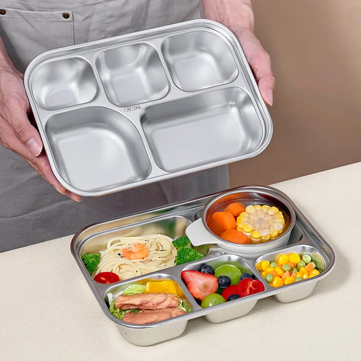 304 Stainless Steel Divided Bento Lunch Box 4/5 Grids Large Capacity Sealed Food Container With Lid For Students Office Workers