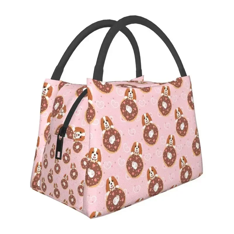 Love Cavalier King Spaniel And Donut Insulated Lunch Bags for Women Cute Dog Cooler Thermal Lunch Box Work Picnic