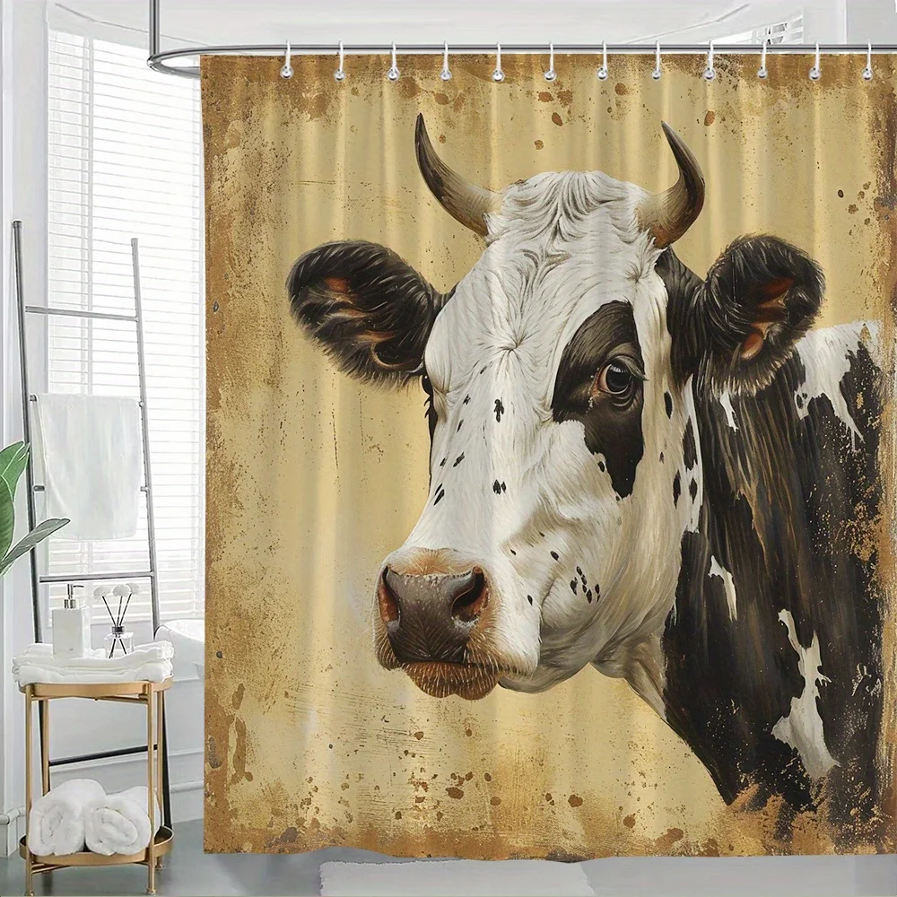 

1 шт., занавеска для душа с портретом коровьей Гольштейна — черно-белый реалистичный дизайн с коровьим лицом, текстура пергамента в теплом возрасте, в стиле фермы
