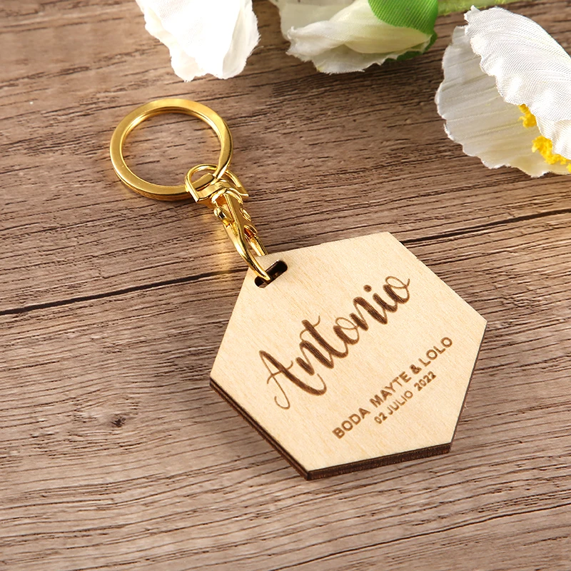 Personalized Engraved Hexagon Wood Key Chain, Wedding Names, Custom Gifts for Wedding Gift, Valentines or Birthday Gift