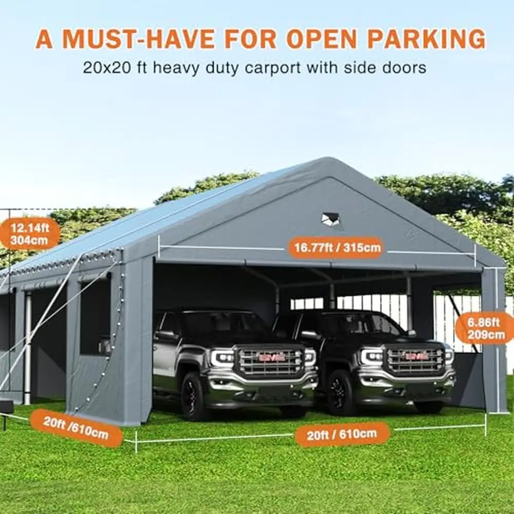 Outdoor Carport Canopy-High Density Waterproof UV Protection-2 Car Capacity-Light Belt-Bindings-Windproof Sandbags-24