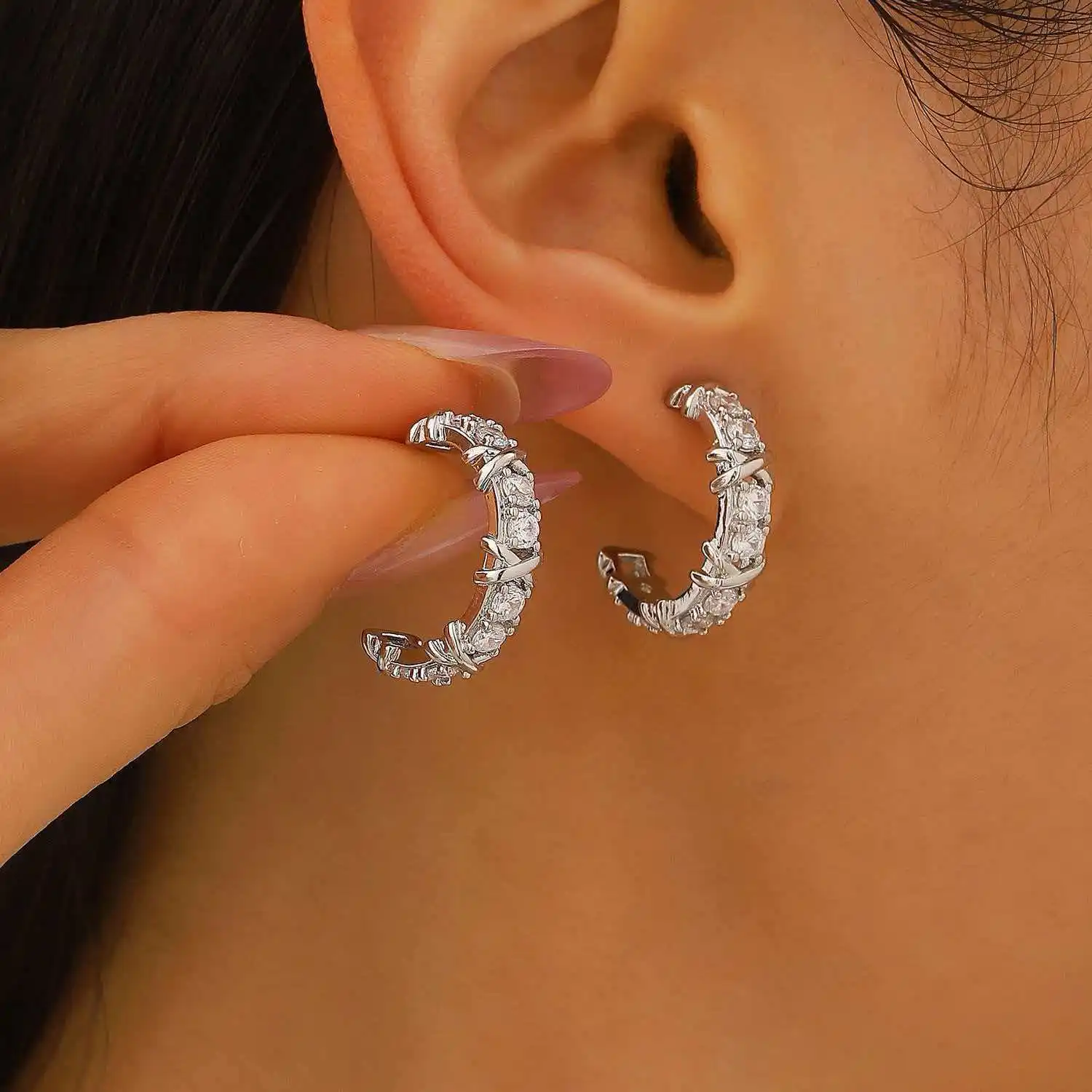 Vintage Safety Copper C-shaped Stud Earrings for Women Korean Fashion X Cross Zircon Earring Engagement Jewelry Gifts Wholesale