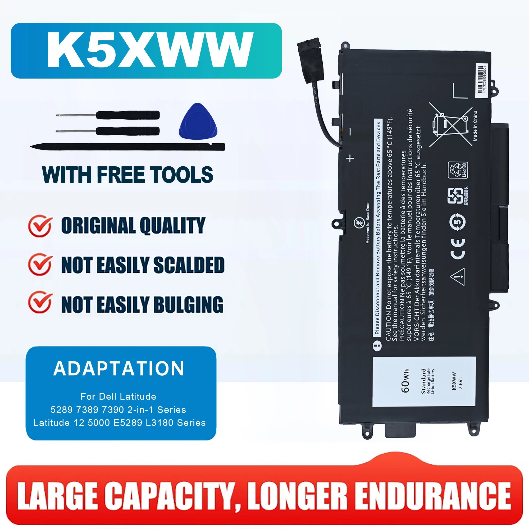 

New 7.6V 60Wh Genuine K5XWW Laptop Battery Original For Dell Latitude 12 5285 5289 7389 7390 2-in-1 Notebook Bateria 71TG4 CFX97