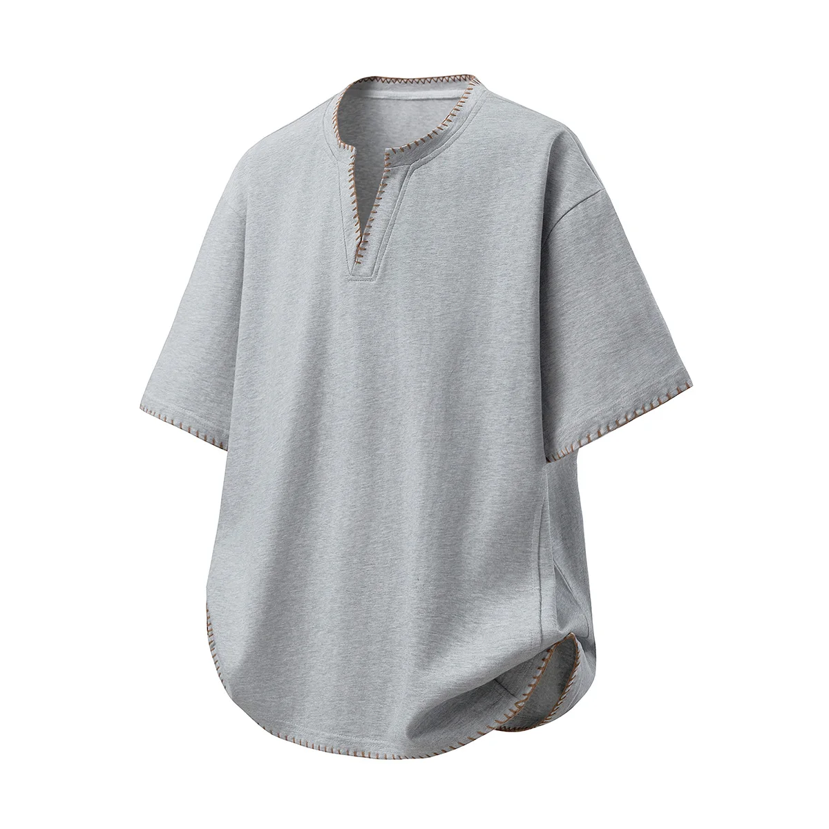 Retro Color Blocked Short Sleeve T Shirt with Visible Stitching and Small V Neck Casual Henley Neck Short Sleeve Shirt