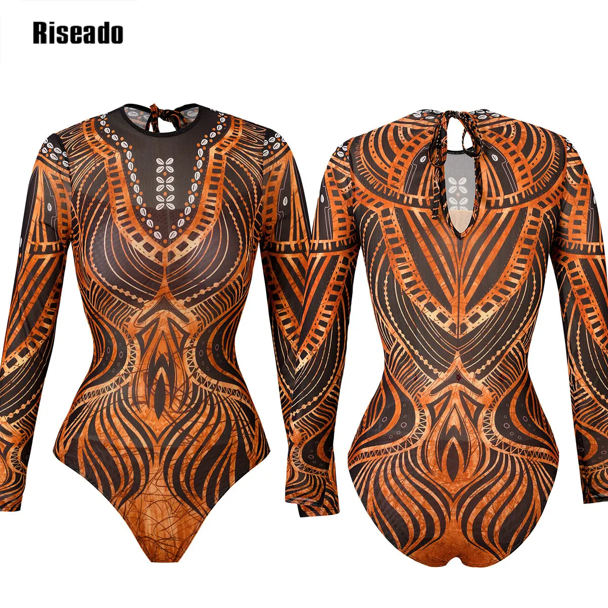 Riseado Long Sleeve Mesh Rashguard One-Piece Swimsuit Printed 3