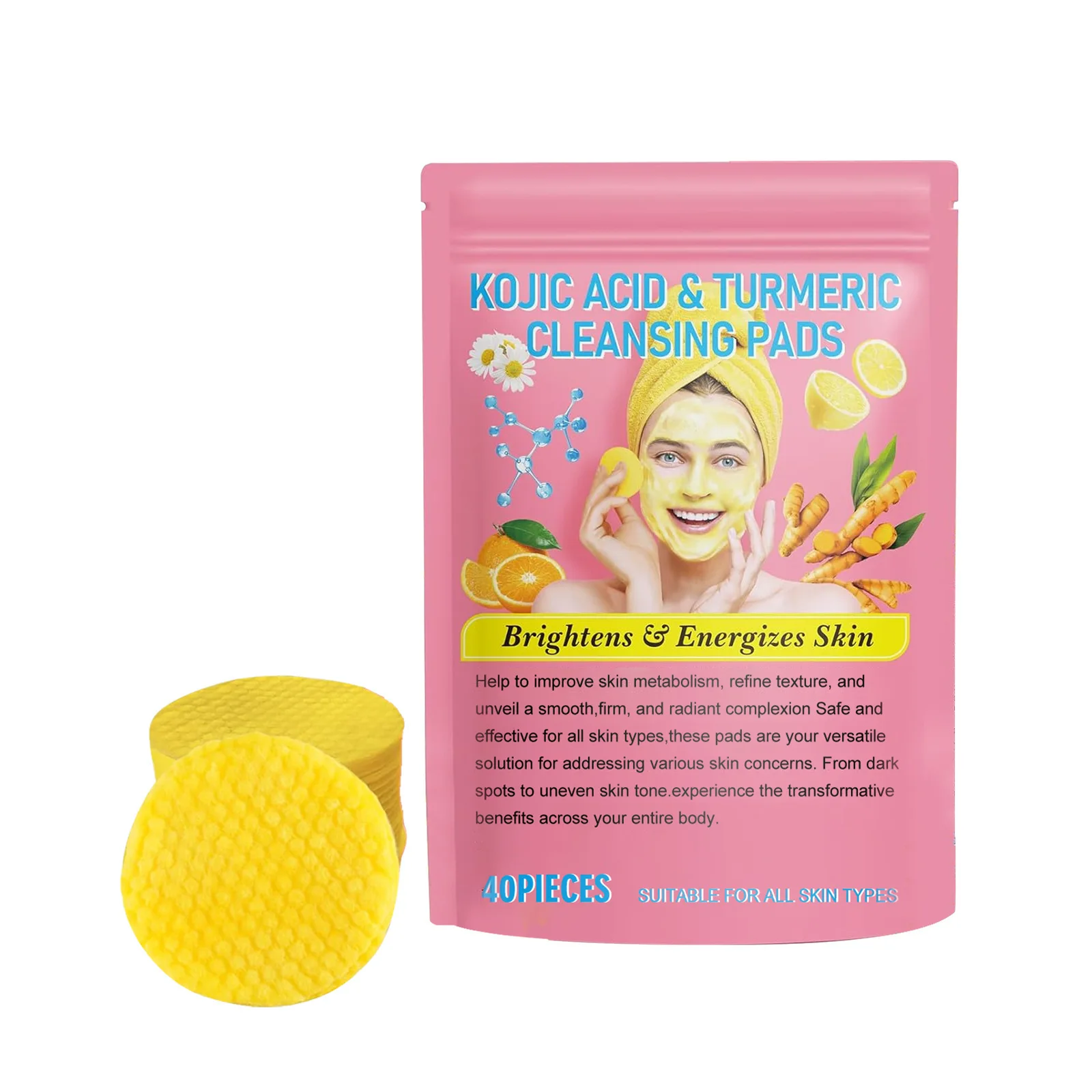 EELHOE Turmeric Kojic Acid Cleansing Pad Deep Pores Cleansing Daily Clean for Sponges Shrink Pores Removing Dead Skin Care 40PCS