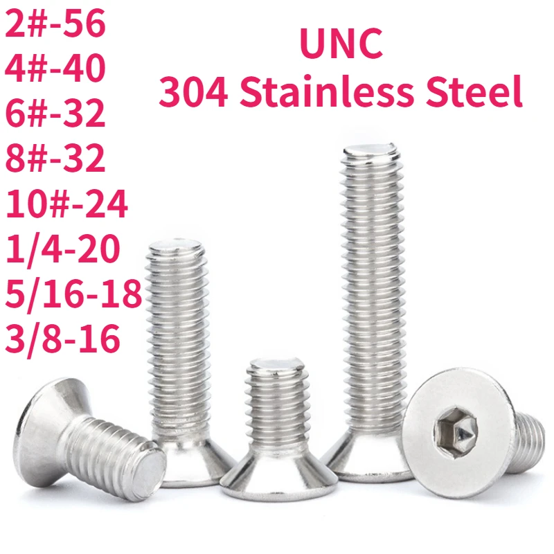1~20pcs UNC 304 Stainless Steel Hexagon Hex Socket Countersunk Flat Head Screw Allen Bolts 2# 4# 6# 8# 10# 1/4-20 5/16-18 3/8-16