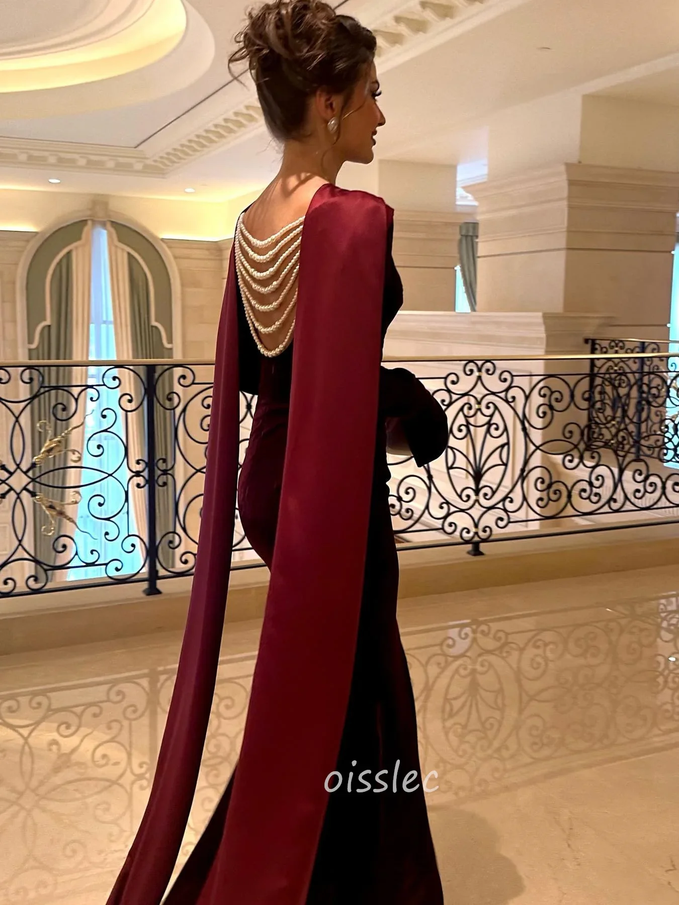 Oisslec Burgundy Velvet Prom Dress Backless Pearls Cocktail Party Mermaid Elegant Special Occasion Gown Maxi Dress Saudi Arabia