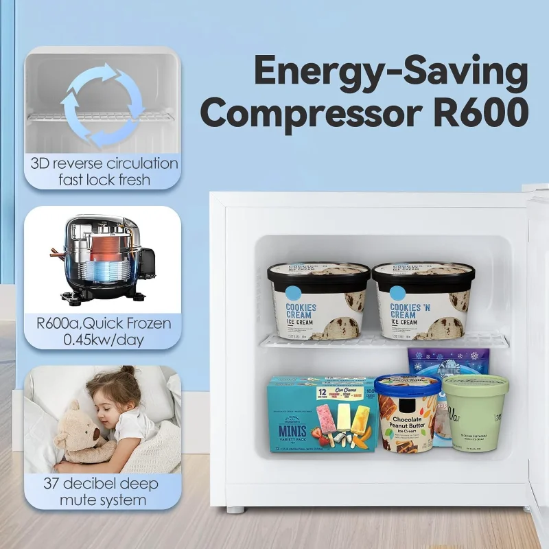 فريزر صغير، 1.2 قدم مكعب، فريزر مستقيم صغير بمقبض، أرفف قابلة للإزالة، 7 ترموستات قابل للتعديل، ضوضاء منخفضة