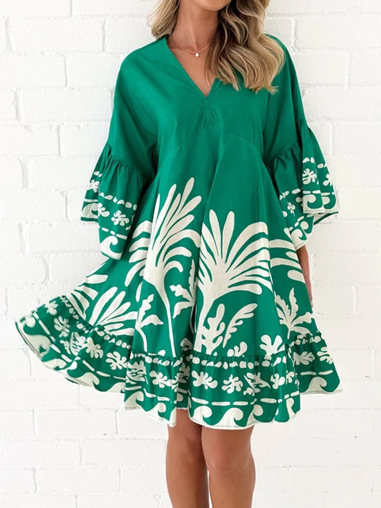 UOOZEE Women's Floral Printed Flared Sleeves V-Neck  A-line Dress 2025 New Loose Pleated Elegant Party Evening Mini Dresses