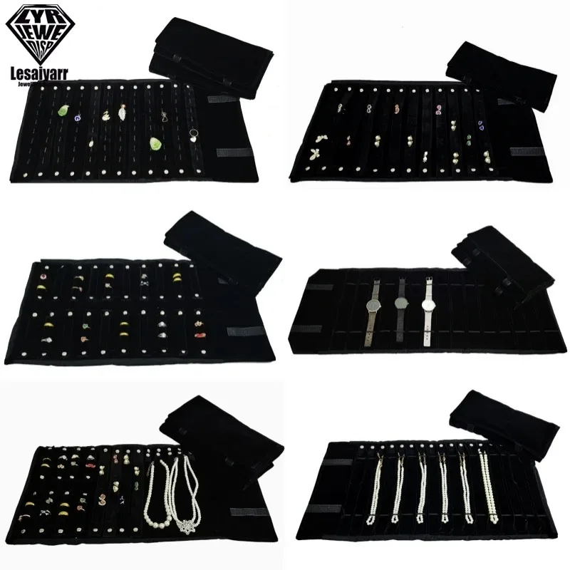 Black Velvet Jewelry Roll Bag Ring Earring Stud Holder Necklace Bracelet Watch Organizer Portable Jewelry Roll Bag Travel Case