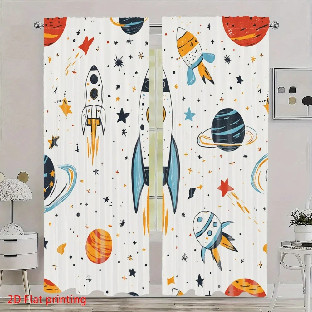 Cute Space Galaxy Curtain for Nursery Room Kids Bedroom Window Decor Cartoon Planets Stars Rocket Print